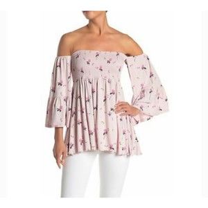 FREE PEOPLE Lana Off The Shoulder Pink Lilac Floral Bell Sleeves Tunic